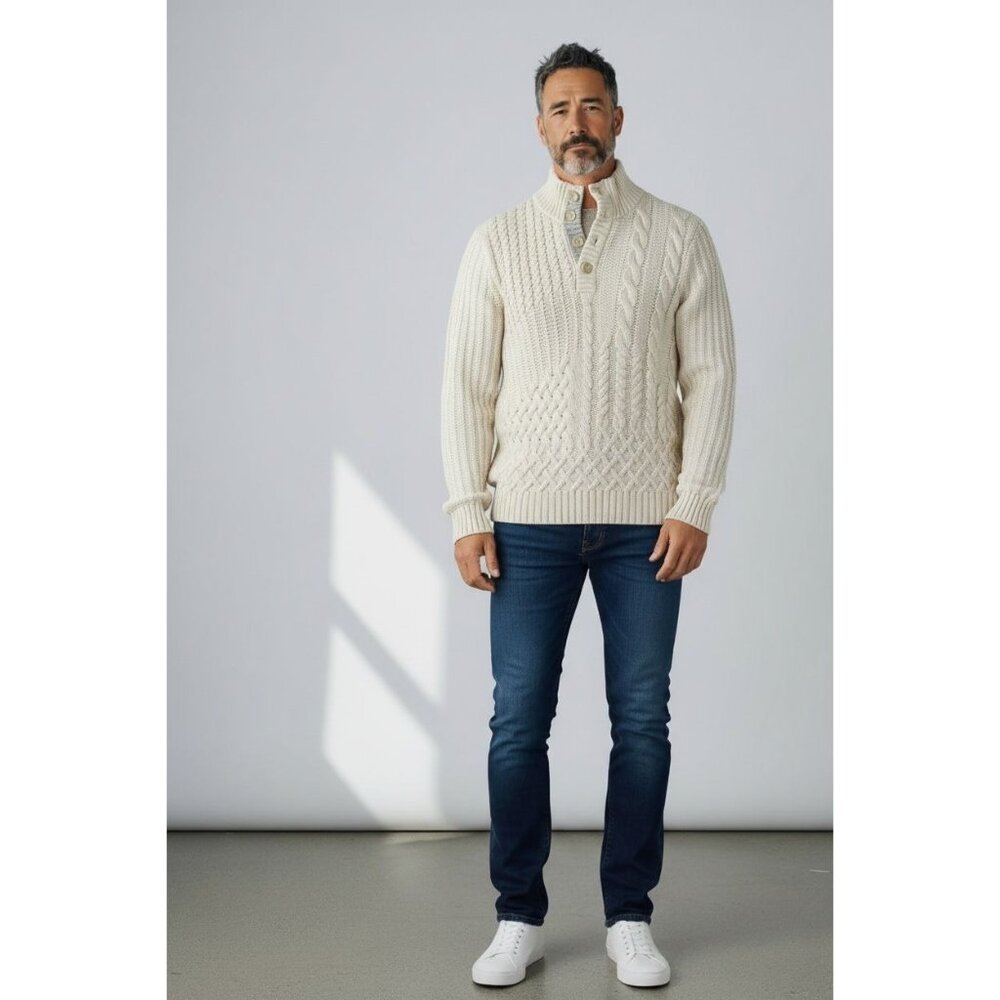 Calvin Klein Mens M Cable Knit Ivory Sweater  Collar Long Sleeve Cotton Blend